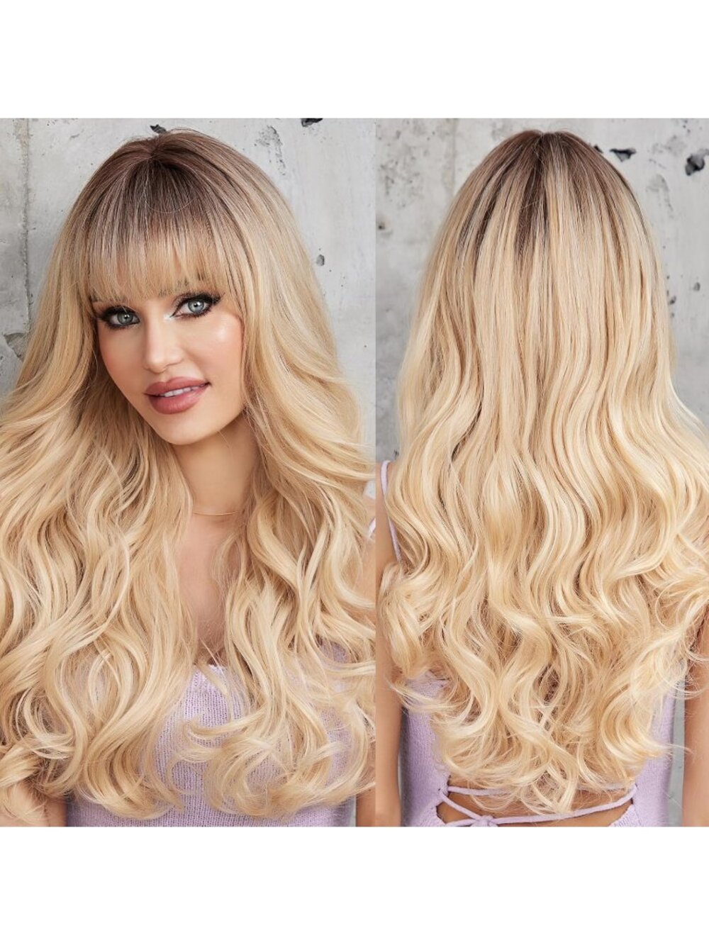 Women's Blonde Heat Resistant Long Curly Wavy Synthetic Wig with Bangs Size 26In